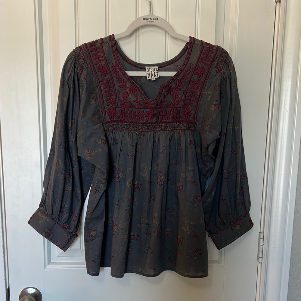 Sister Mary Gray and Burgundy Floral Blouse